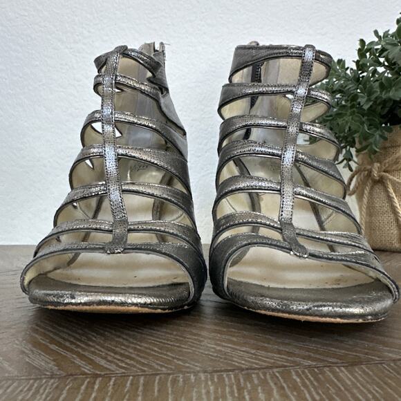 Michael Kors MK Silver Gladiator Metallic High Heels Size 9.5 M Cage Stiletto - Picture 3 of 12